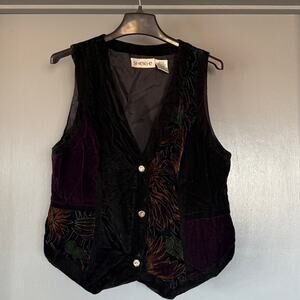Vintage Sheri-e sz M Black Velvet/Silk Boho Button Vest Metallic Whimsygoth